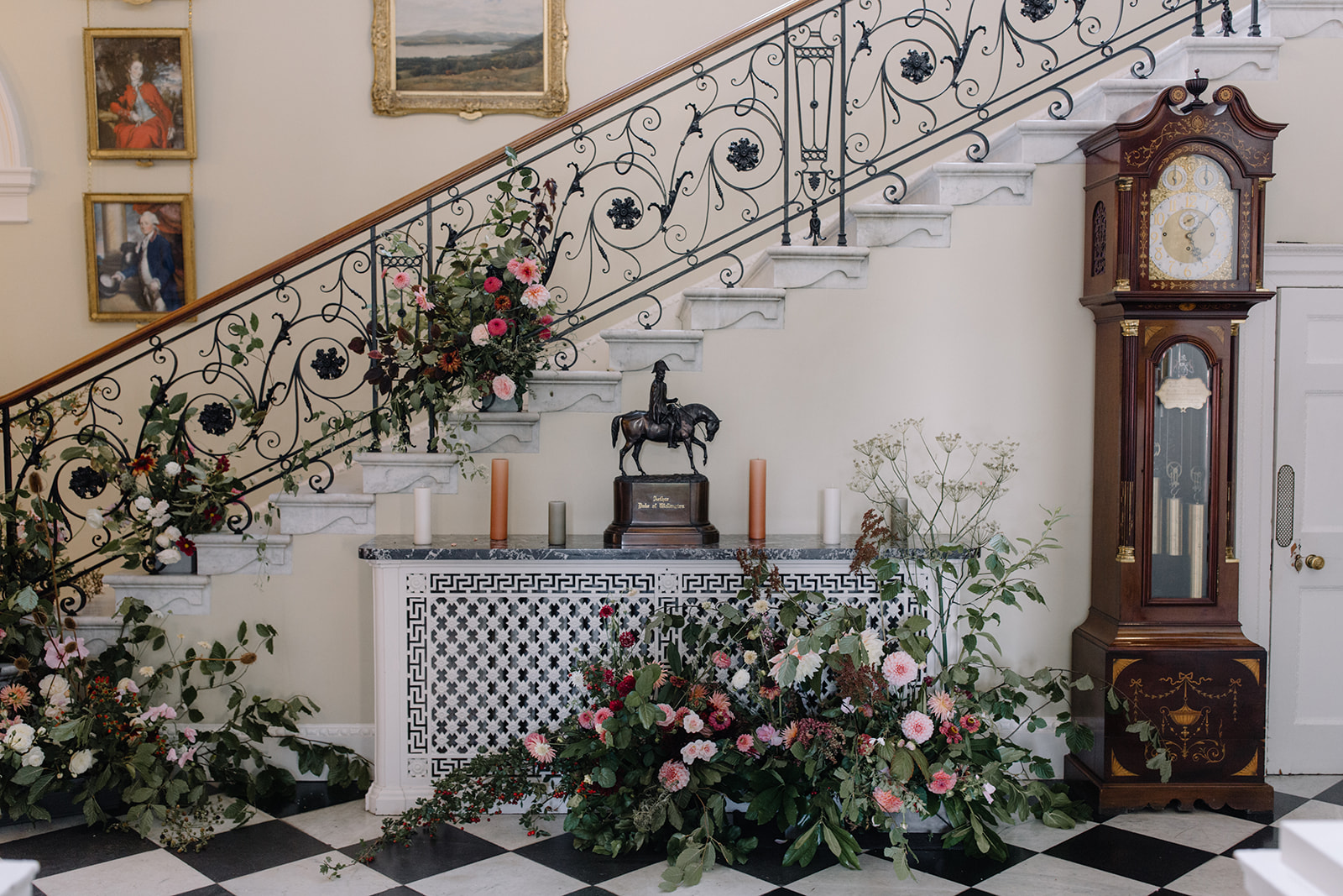 Seasonally Inspired Wedding & Event Flowers by Bride and Bloom. Floral Staircase Installation at Weston Park. Image by Beccy Goddard